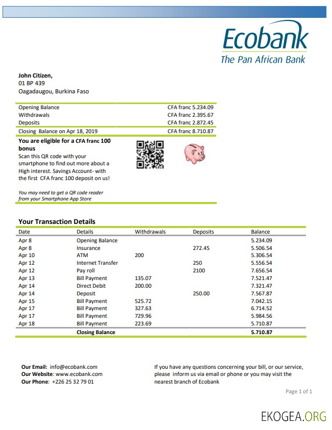 Relevé bancaire Ecobank du Burkina Faso